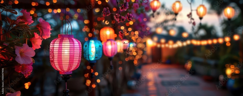 Paper lanterns hanging in a garden, vibrant and festive, Urban, Bright hues, Photograph, Evening celebration Paper lanterns hanging in a garden, vibrant and festive, Urban, Bright hues, Photograph, Evening celebration