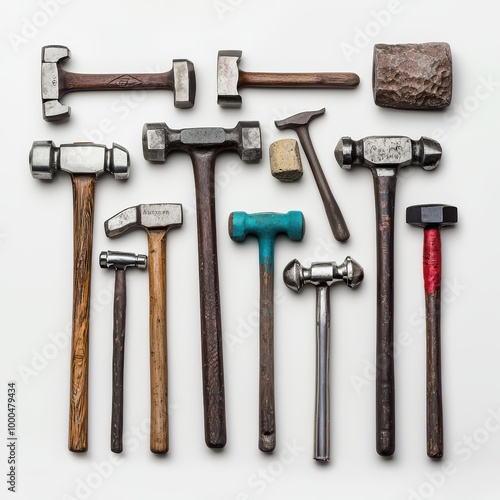 Variety of hammers on white isolate background.