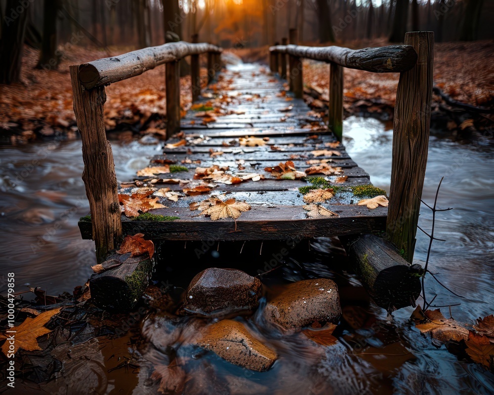 Rustic wooden bridge over a stream, charming and serene, Rural, Earth tones, Photograph, Country detail Rustic wooden bridge over a stream, charming and serene, Rural, Earth tones, Photograph, Country detail