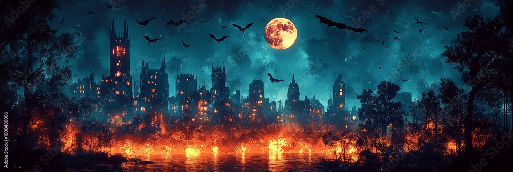 A spooky cityscape with a full moon and bats flying overhead. A spooky cityscape with a full moon and bats flying overhead.