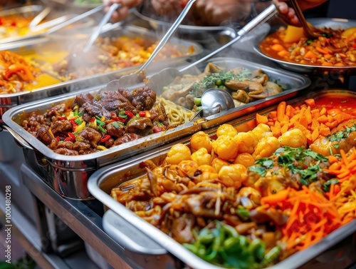 Street food vendor with vibrant dishes, lively and inviting, Urban, Bright hues, Photograph, Culinary culture