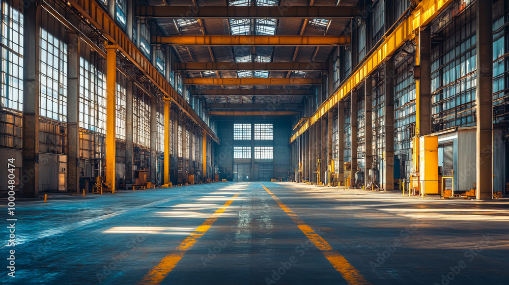 Obraz premium Spacious industrial warehouse with bright sunlight