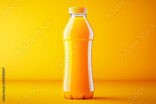 Plastic orange juice bottle with a simple sleek design set against a vibrant yellow background capturing freshness and simplicity