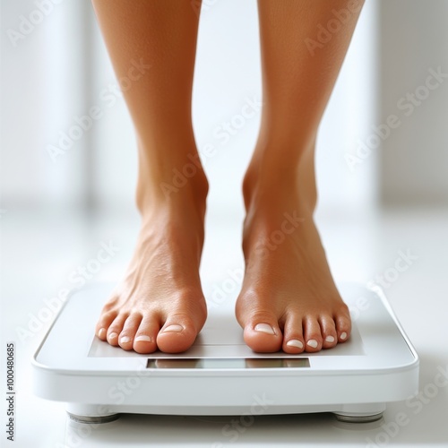 Person weighing themselves on a scale, focusing on feet and measurement. Healthy lifestyle.