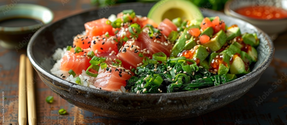 A vibrant and fresh poke bowl with diced tuna, avocado, seaweed, and rice, garnished with sesame seeds and green onions. A vibrant and fresh poke bowl with diced tuna, avocado, seaweed, and rice, garnished with sesame seeds and green onions.