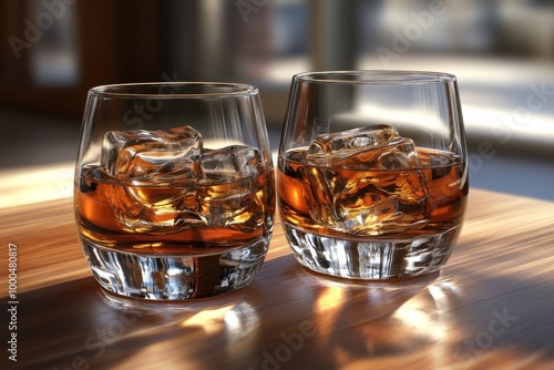 Two short whiskey glasses filled with iced whiskey set on a wooden bar evoking warmth relaxation and traditional bar vibes