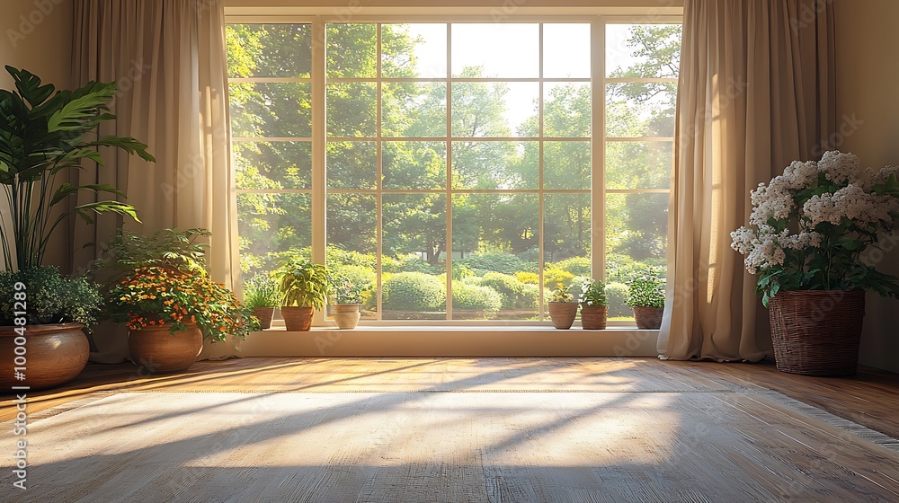 Fototapeta premium Sunbeams streaming through window in modern home with houseplants and green garden view