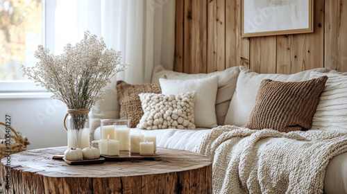 Cozy living room with natural decor and candles