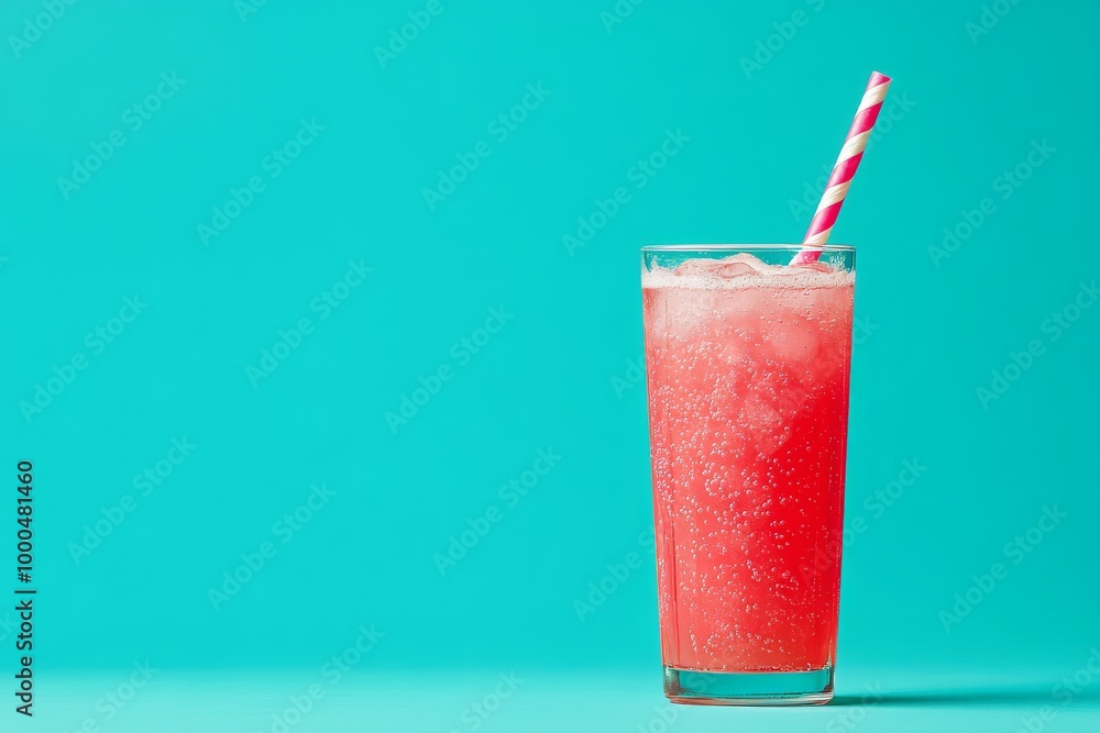 Tall glass filled with a frozen watermelon drink and a straw set against a teal background evoking a refreshing summer day and tropical vibes Tall glass filled with a frozen watermelon drink and a straw set against a teal background evoking a refreshing summer day and tropical vibes