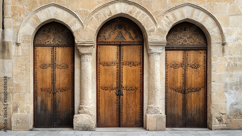 Fototapeta premium A captivating presentation slide featuring three large doors on a single wall, designed for a museum exhibit focusing on the appearance and significance of Christianity.