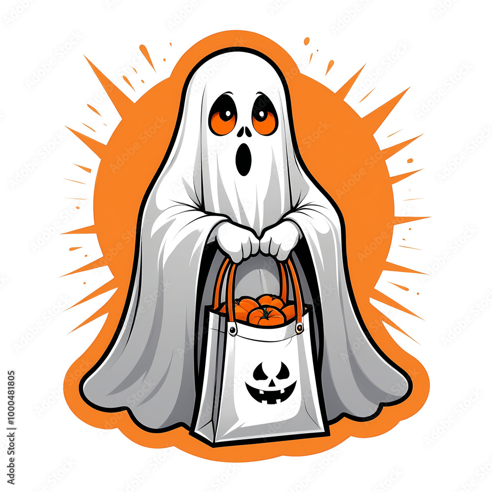 Obraz premium Cute Ghost Saying Boo Surrounded by Spooky Halloween Creatures Pumpkins Skeletons Witches Haunted House Moonlit Night Cartoon Illustration Orange Black Sticker Style Party Decoration 