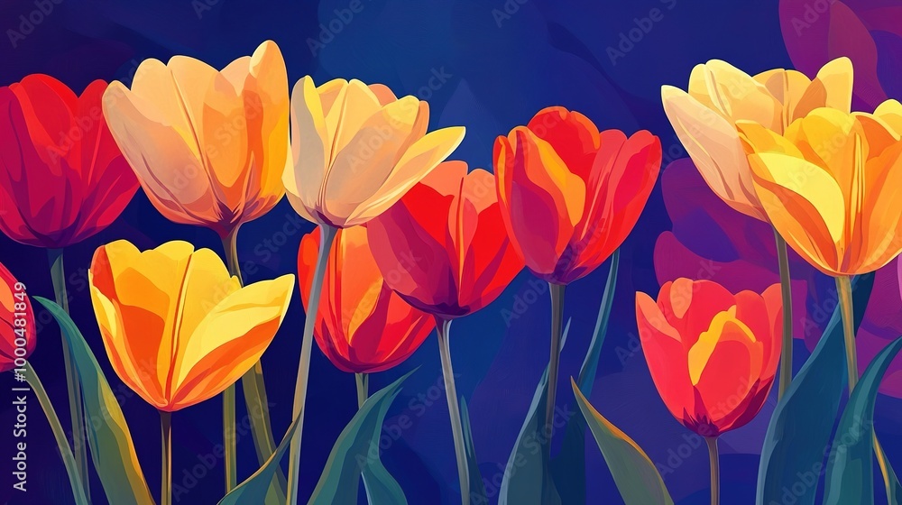 custom made wallpaper toronto digitalA dynamic vector art representation of tulips in full bloom, showcasing vibrant colors of red, yellow, and orange. The smooth, slightly curved petals create an impression of movement, 