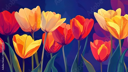 Wallpaper Mural A dynamic vector art representation of tulips in full bloom, showcasing vibrant colors of red, yellow, and orange. The smooth, slightly curved petals create an impression of movement,  Torontodigital.ca