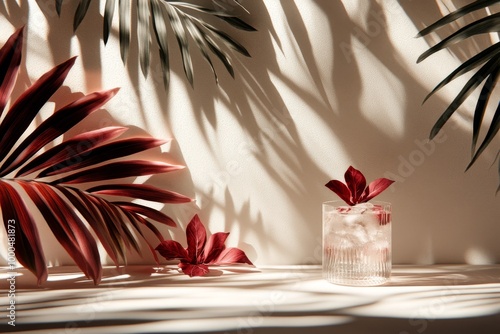 Glass of iced cocktail placed in shadowy tropical foliage evoking mystery tropical warmth and a touch of sophistication