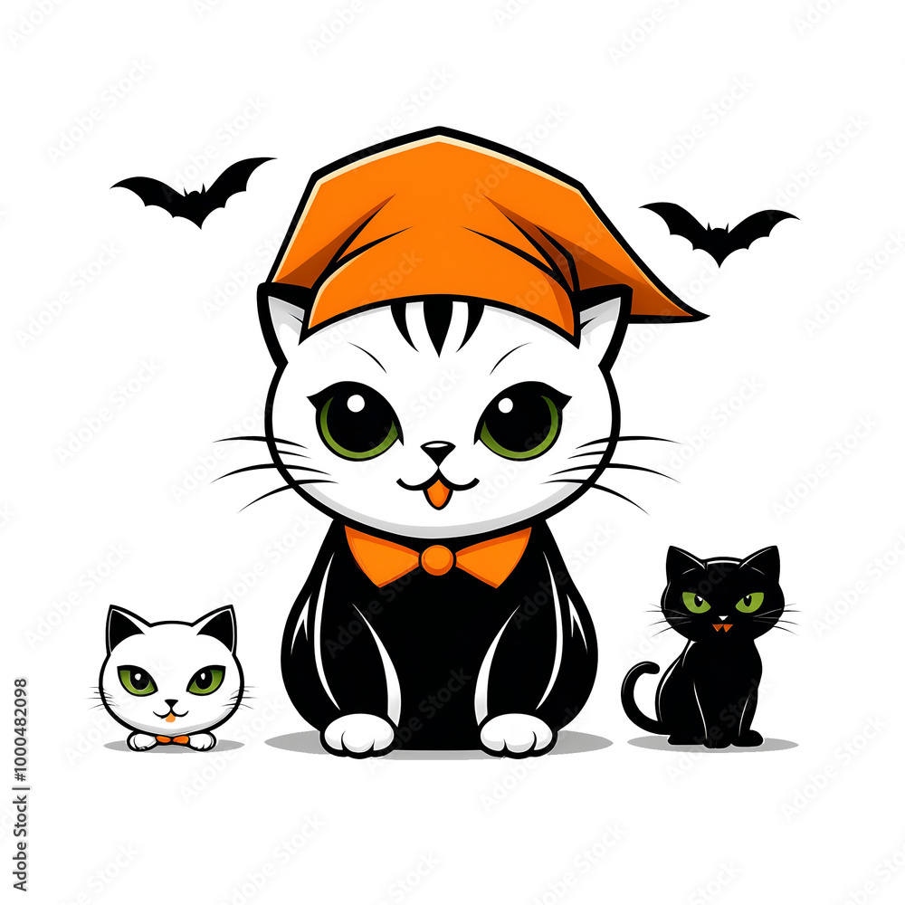 Obraz premium Funny Witch Cat in Hat Brewing Potion at Spooky Halloween Party Night with Abandoned House Bats Moon Fog Cartoon Illustration Orange Black Sticker Style Decoration Costume 