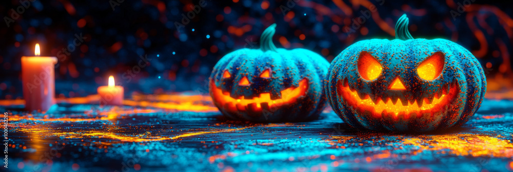 Two glowing jack-o'-lanterns with spooky grins on a dark, mysterious surface. Two glowing jack-o'-lanterns with spooky grins on a dark, mysterious surface.