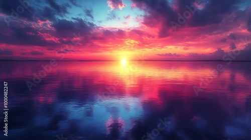 Vibrant sunset with clouds reflecting on calm water.