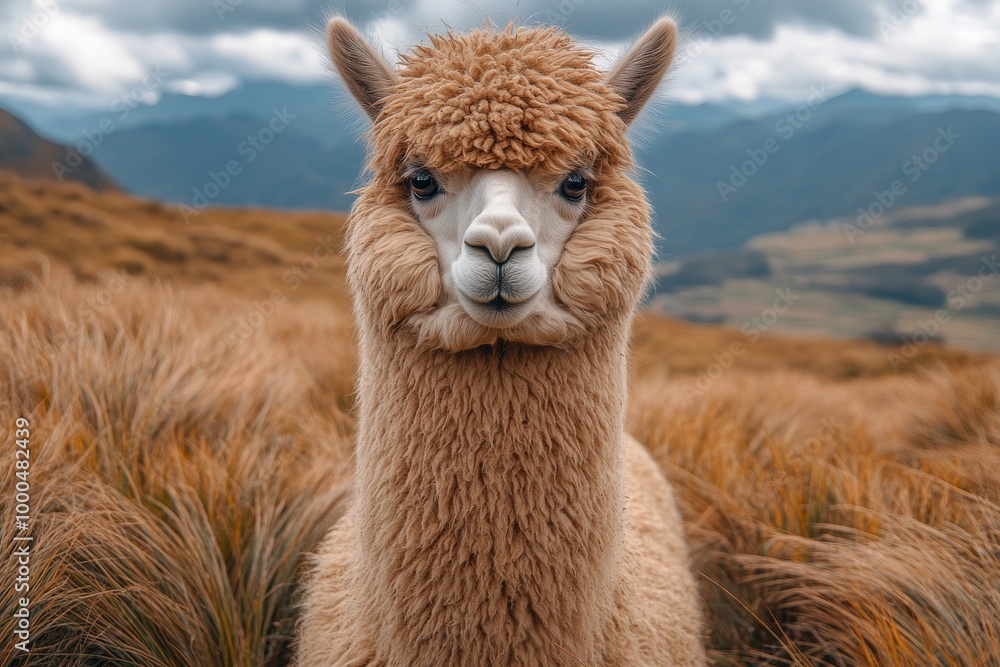 Obraz premium Close-up of a fluffy alpaca standing in a vast mountainous landscape.