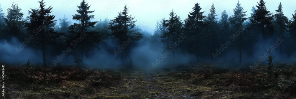 Fototapeta premium Mysterious path through a foggy forest.