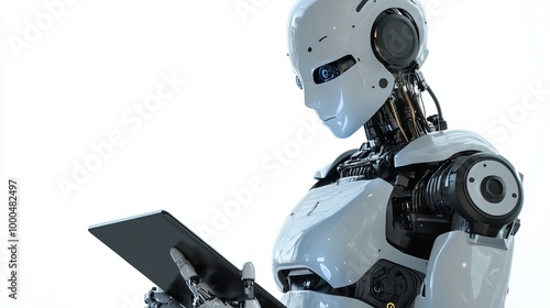 AI robot with a transparent background and a tablet alone.