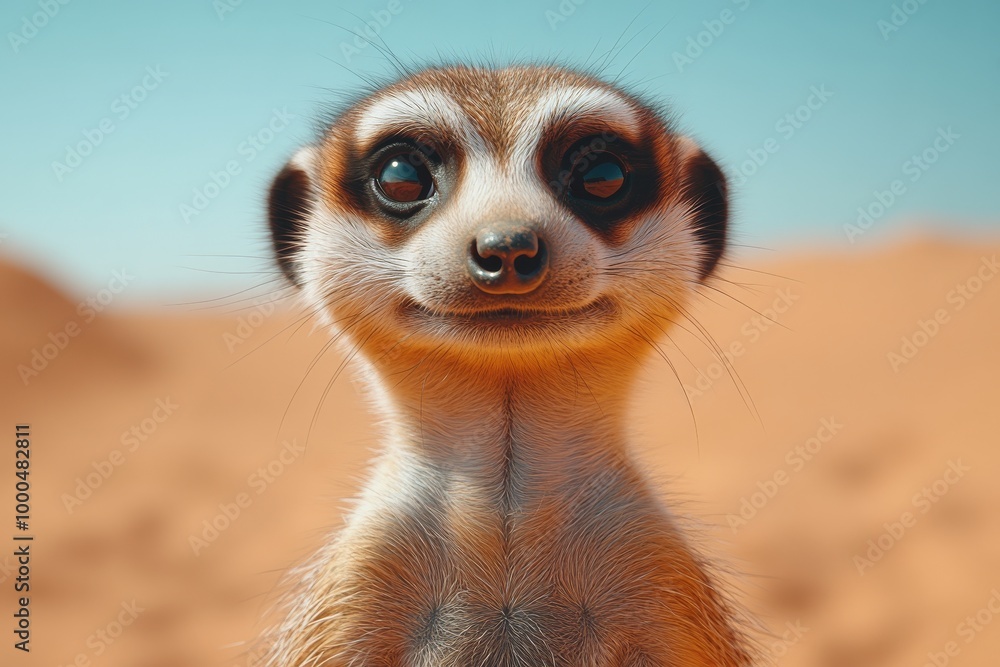 Fototapeta premium Close-up of a curious meerkat in a desert landscape under a blue sky.