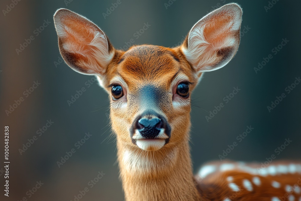 Close-up of a young deer in a forest, showcasing its wide eyes and soft fur. Close-up of a young deer in a forest, showcasing its wide eyes and soft fur.