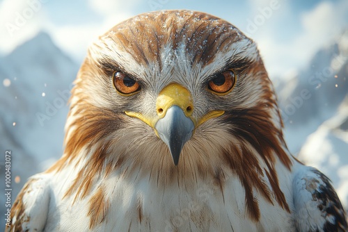 Close-up of a majestic brown and white eagle with piercing golden eyes in a snowy mountain setting. photo