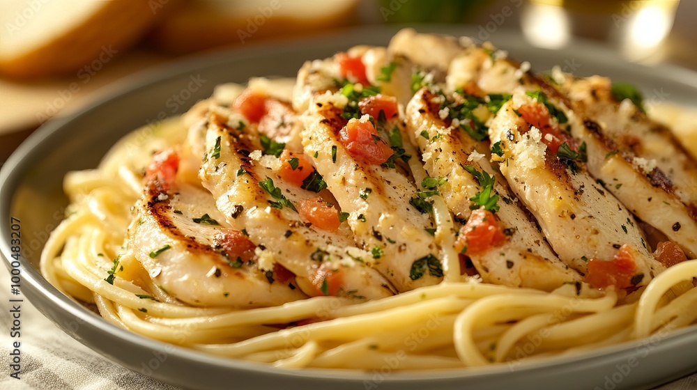 Pasta dish with bread and chicken on it. Pasta dish with bread and chicken on it.