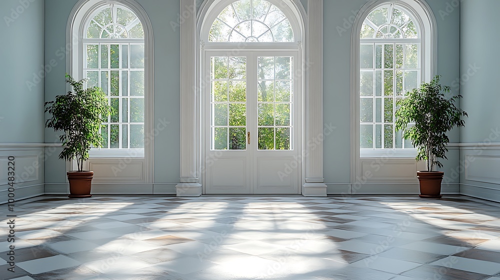 Fototapeta premium Empty Elegant Room with French Doors and Sunbeams, Minimalist Interior Design