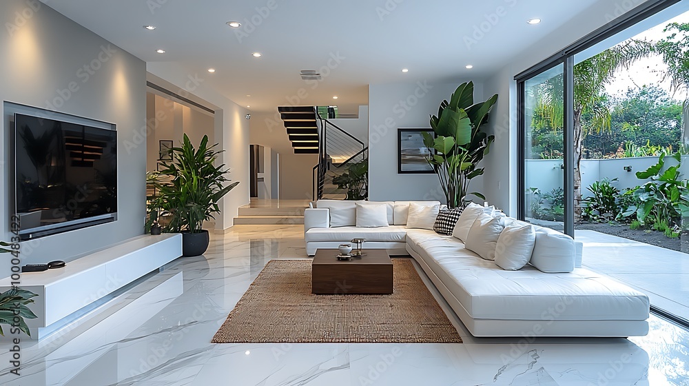 Fototapeta premium Modern living room interior design with white sectional sofa and large windows, contemporary home decor