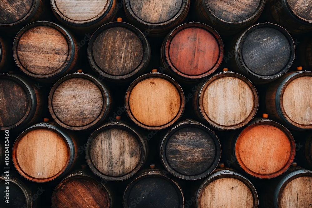 Wooden wine or cognac oak barrels stacked in cool cellar in distillery house. Craft beer or brandy production. Winery and winemaking. Wine aging process. Background for banner, poster, wallpaper Wooden wine or cognac oak barrels stacked in cool cellar in distillery house. Craft beer or brandy production. Winery and winemaking. Wine aging process. Background for banner, poster, wallpaper