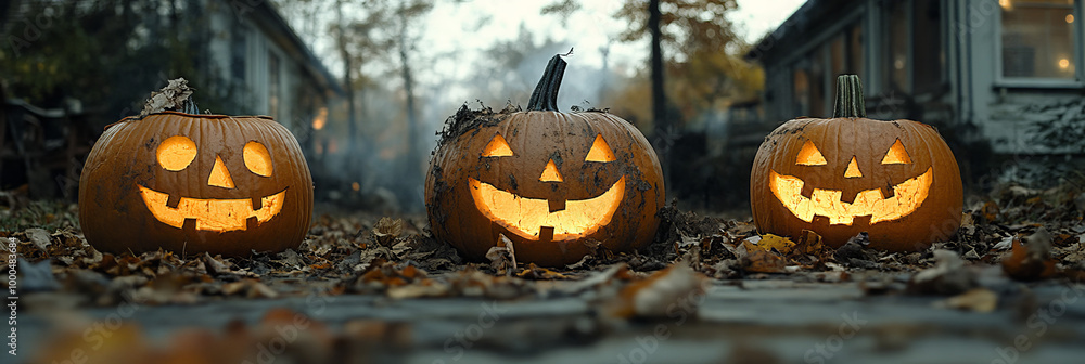 Three jack-o'-lanterns with glowing faces sit on a path of autumn leaves. Three jack-o'-lanterns with glowing faces sit on a path of autumn leaves.