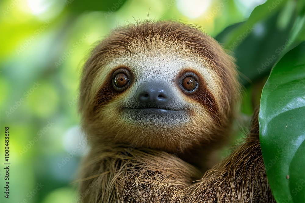 A close-up of a young sloth with brown fur and expressive eyes amidst lush green foliage. A close-up of a young sloth with brown fur and expressive eyes amidst lush green foliage.