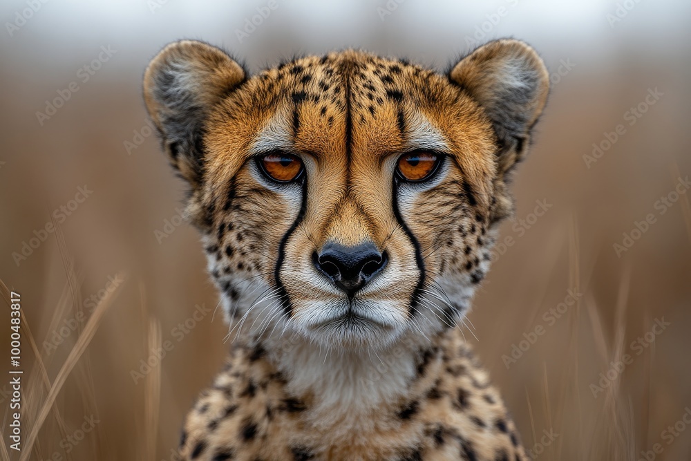 Obraz premium Close-up of a majestic cheetah with striking amber eyes, showcasing its intense gaze in a natural habitat.
