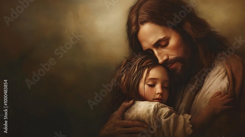 Jesus Christ holding a young girl, comforting and protecting her with love.