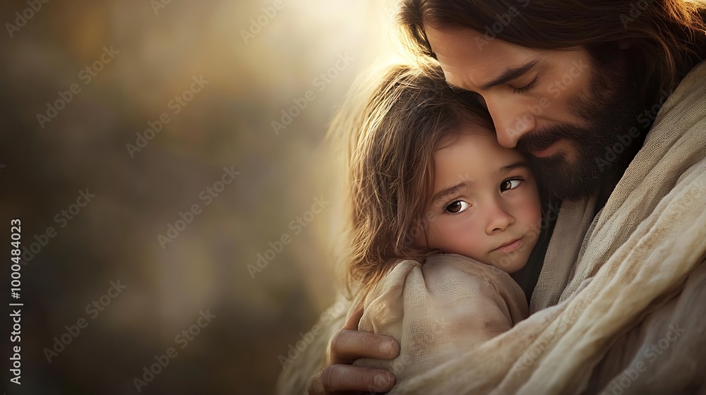 Jesus Christ holding a young girl close, expressing love and compassion. Jesus Christ holding a young girl close, expressing love and compassion.