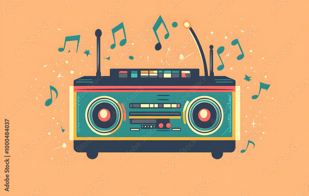 Obraz premium Colorful Retro Boombox with Musical Notes and Abstract Background