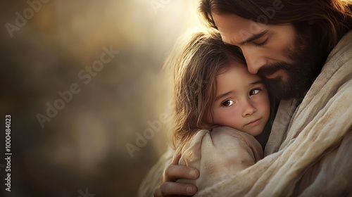 Jesus Christ holding a young girl close, expressing love and compassion.