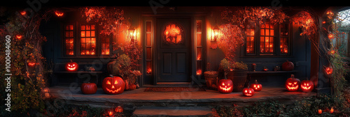 A spooky Halloween porch decorated with pumpkins and glowing lights.