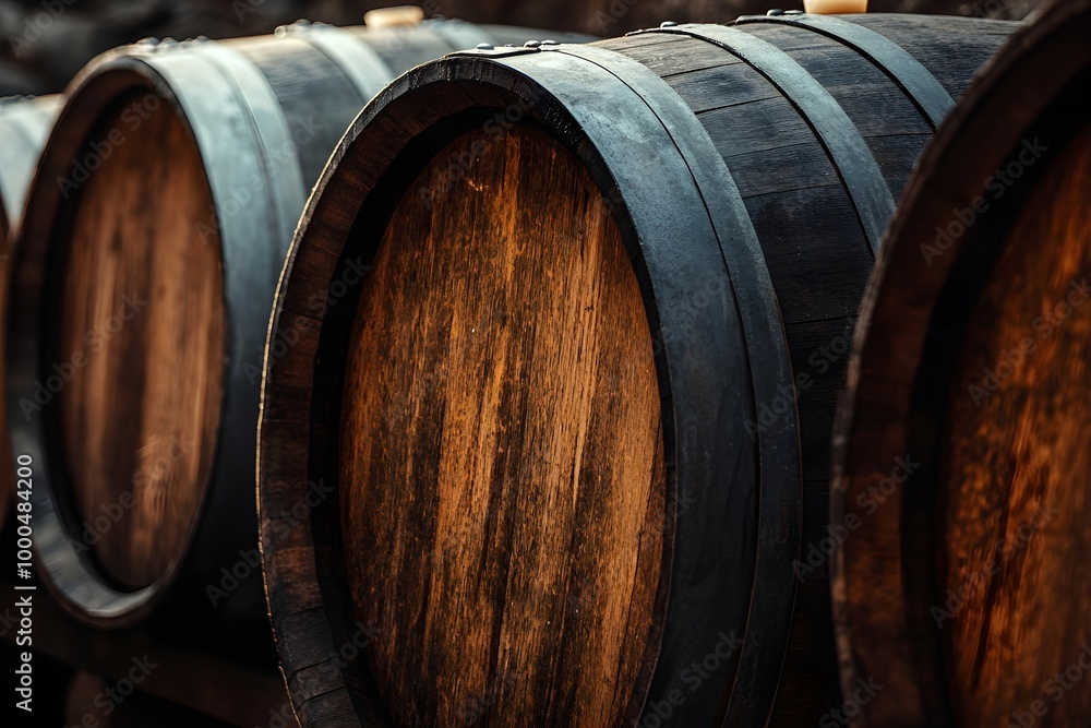 Wooden wine or cognac oak barrels stacked in cool cellar in distillery house. Craft beer or brandy production. Winery and winemaking. Wine aging process. Background for banner, poster, wallpaper Wooden wine or cognac oak barrels stacked in cool cellar in distillery house. Craft beer or brandy production. Winery and winemaking. Wine aging process. Background for banner, poster, wallpaper