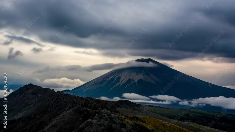 Wide Shot Zoom-In of Volcanic Mountain and Clouds in Time-Lapse or Zoom-In Effect on Clouds and Volcanic Mountain from Wide Shot or Distant to Close-Up View of Volcanic Mountain and Clouds in Time-Lap Wide Shot Zoom-In of Volcanic Mountain and Clouds in Time-Lapse or Zoom-In Effect on Clouds and Volcanic Mountain from Wide Shot or Distant to Close-Up View of Volcanic Mountain and Clouds in Time-Lap