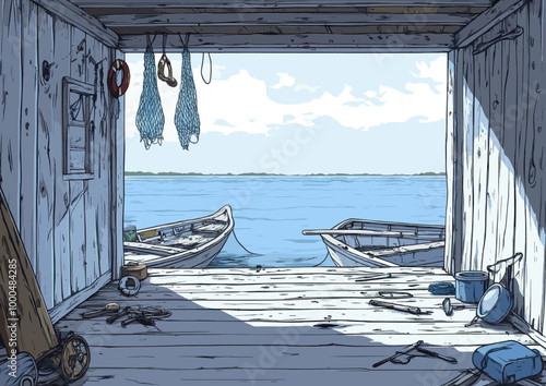 Serene boathouse view with wooden boats docked by a peaceful lake, framed by a rustic interior of the boathouse, showcasing a quiet lakeside setting