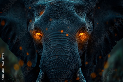 Close-up of an elephant with glowing orange eyes in a mystical setting. photo