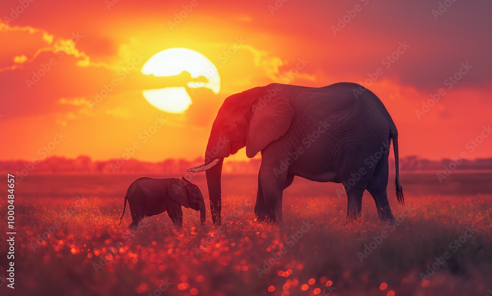 Fototapeta premium Majestic mother elephant and her calf walking through the glowing African savannah at sunset capturing the beauty of nature wildlife bonding and love in the heart of the wild plains