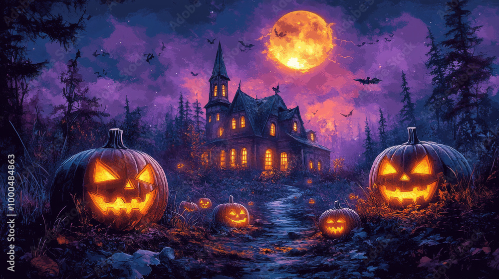 Spooky Halloween scene with jack-o'-lanterns Spooky Halloween scene with jack-o'-lanterns
