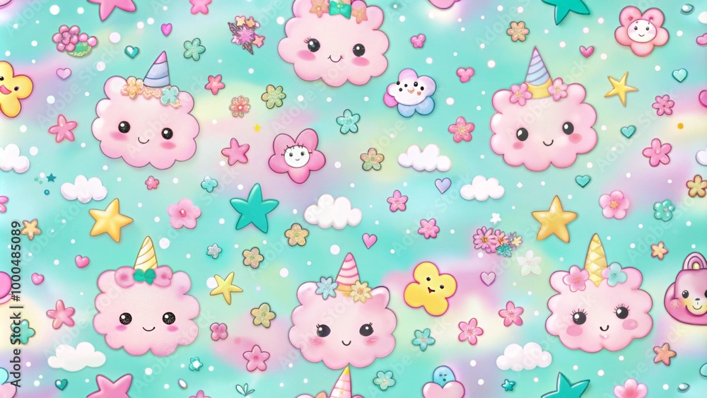 Seamless pattern of cute cartoon clouds with unicorn horns and floral crowns on a turquoise background with stars, hearts, and flowers. Seamless pattern of cute cartoon clouds with unicorn horns and floral crowns on a turquoise background with stars, hearts, and flowers.