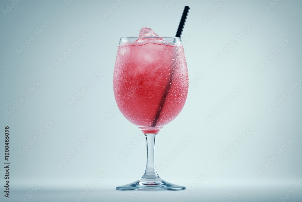 Refreshing pink frozen cocktail served in a stemmed glass with a straw set against a cool blue gradient background Refreshing pink frozen cocktail served in a stemmed glass with a straw set against a cool blue gradient background