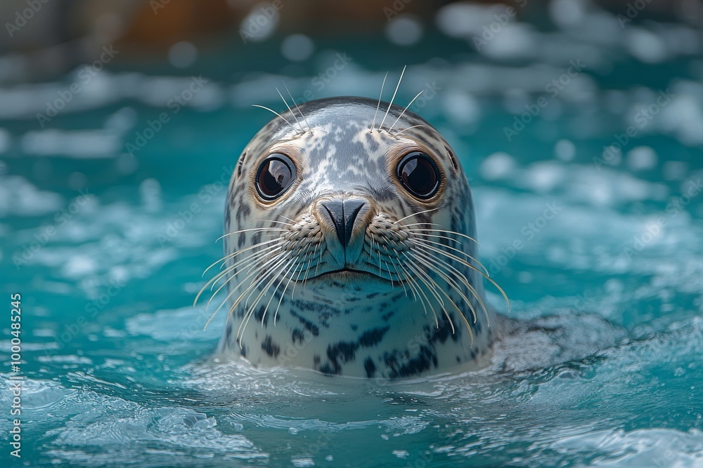 Fototapeta premium Close-up of a curious seal in vibrant blue water with bubbles around.