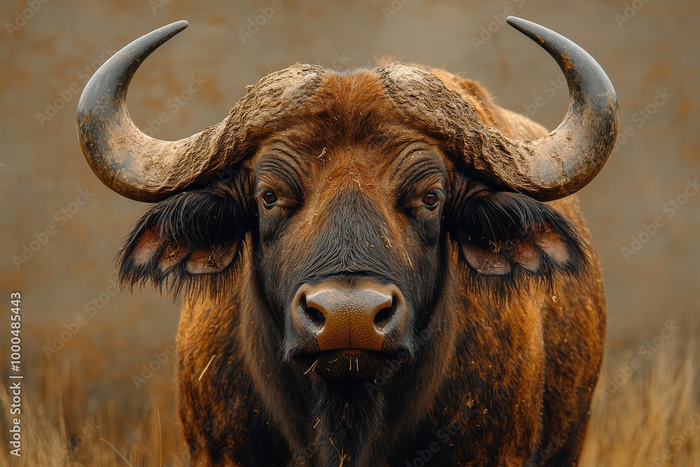 Close-up of an African buffalo with large curved horns against a muted background. Close-up of an African buffalo with large curved horns against a muted background.