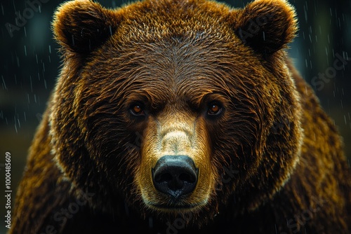 Close-up of a powerful brown bear in the rain, emanating strength and intensity. photo